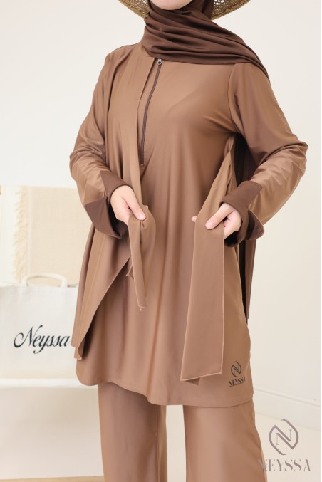 Burkini femme noisette, tunique longue à nouer tendance