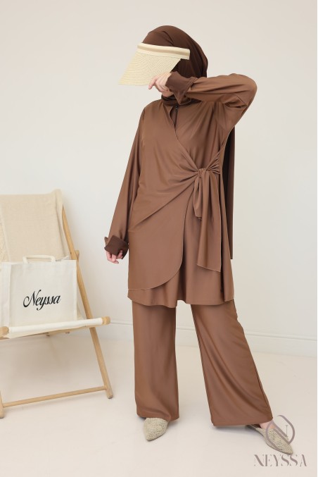 Women's hazelnut burkini, trendy long tie-up tunic