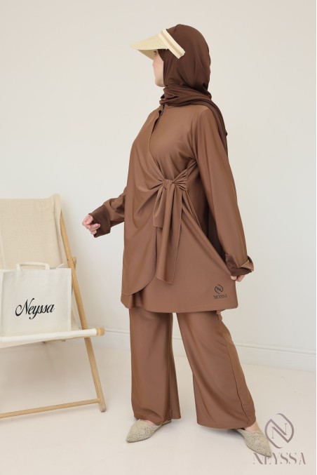 Burkini für Damen in Noisette, trendige lange Tunika zum Binden