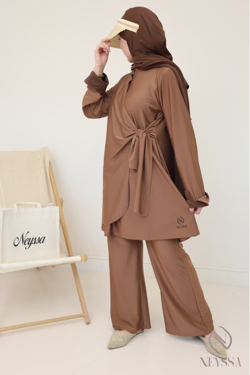 Women's hazelnut burkini, trendy long tie-up tunic