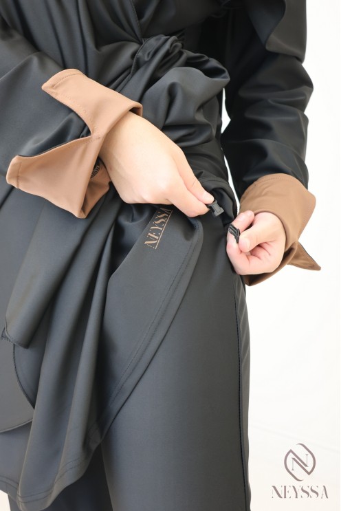 Burkini noir femme avec tunique longue à nouer, manches revers