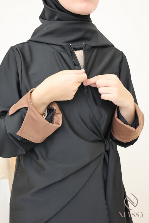 Black women's burkini with long tie-up tunic