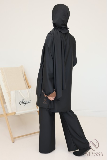 Burkini noir femme avec tunique longue à nouer, manches revers