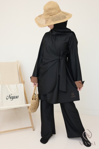Burkini noir femme avec tunique longue à nouer, manches revers