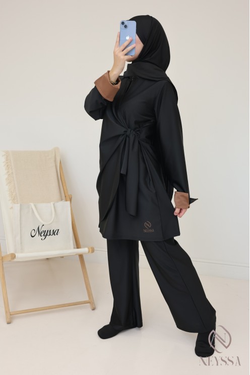 Burkini noir femme avec tunique longue à nouer, manches revers
