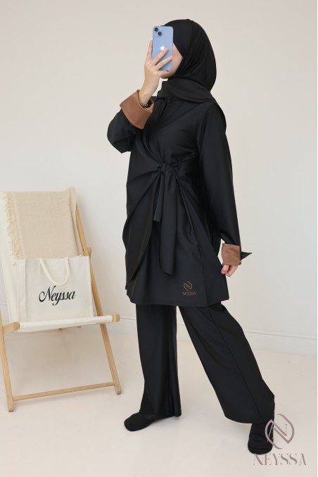 Burkini noir femme avec tunique longue à nouer, manches revers