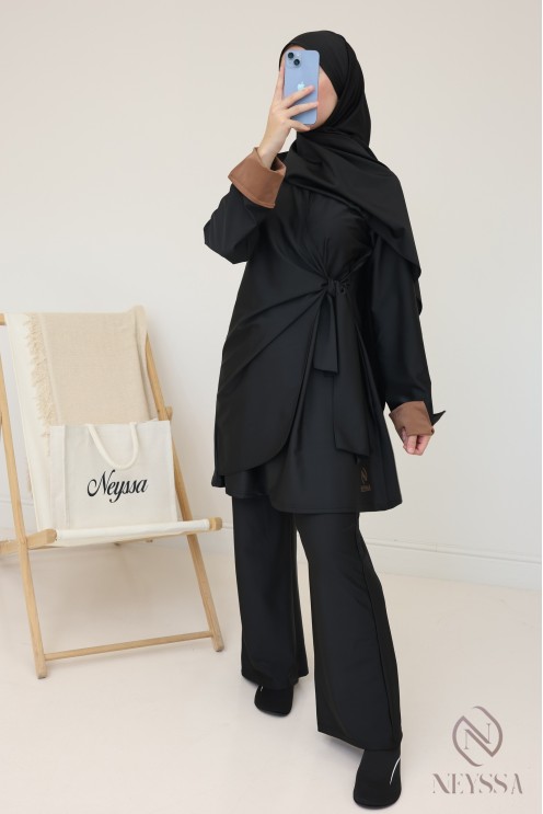 Burkini noir femme avec tunique longue à nouer, manches revers