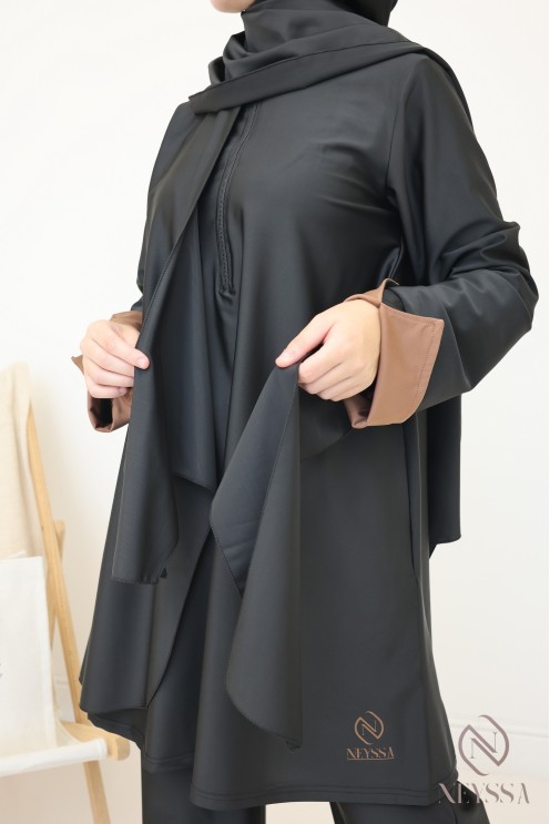Schwarzer Burkini für Damen mit langer Tunika zum Binden