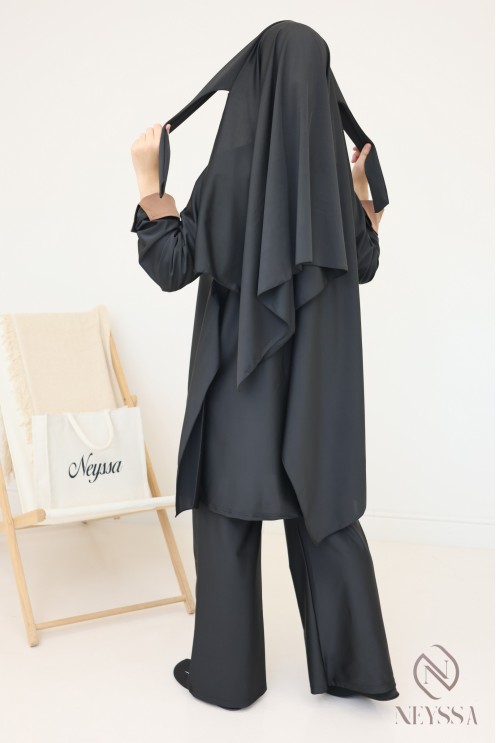 Burkini noir femme avec tunique longue à nouer, manches revers