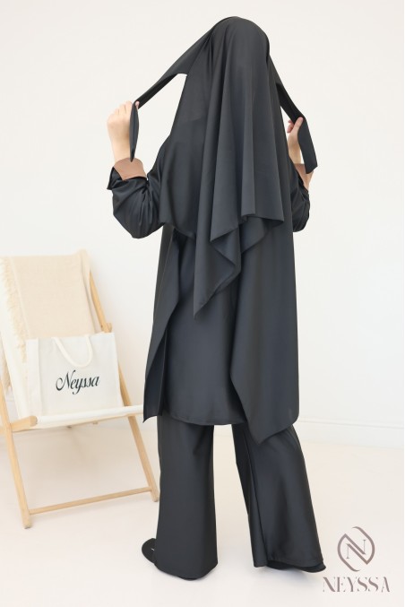 Black women's burkini with long tie-up tunic