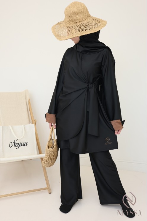 Burkini noir femme avec tunique longue à nouer, manches revers