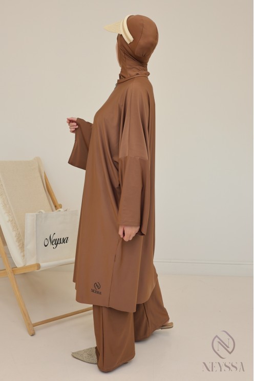 Burkini in hazelnut, loose-fitting long tunic, water-repellent fabric