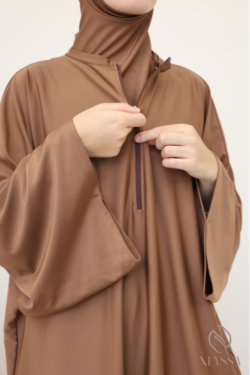 Burkini noisette tunique ample et longue, matière hydrofuge