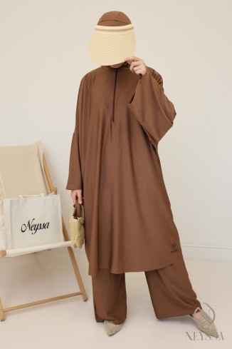 Burkini noisette tunique ample et longue, matière hydrofuge 2