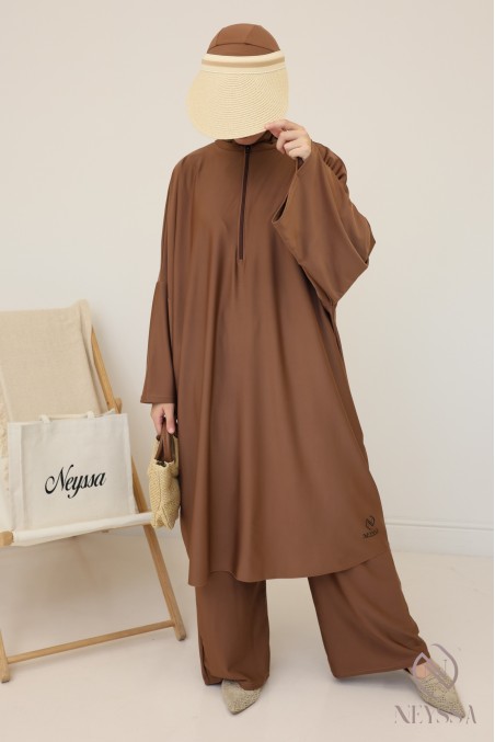 Burkini noisette tunique ample et longue, matière hydrofuge