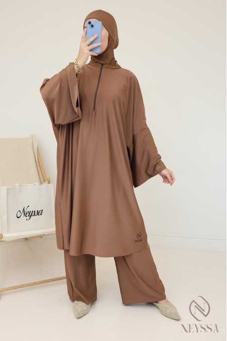 Burkini in hazelnut, loose-fitting long tunic, water-repellent fabric