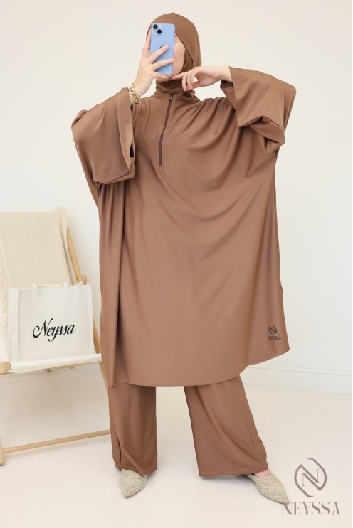 Burkini in hazelnut, loose-fitting long tunic, water-repellent fabric