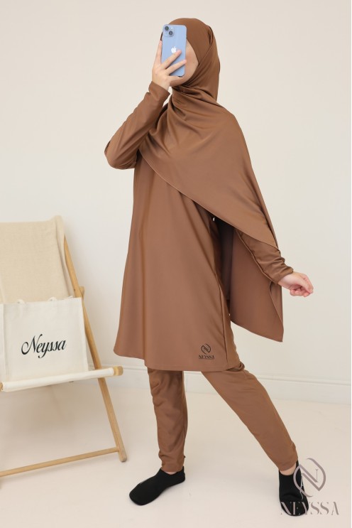 Burkini modeste femme hijabi noisette 3 pièces, tissu hydrofuge
