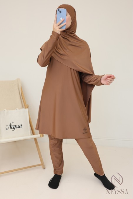 Burkini modeste femme hijabi noisette 3 pièces, tissu hydrofuge
