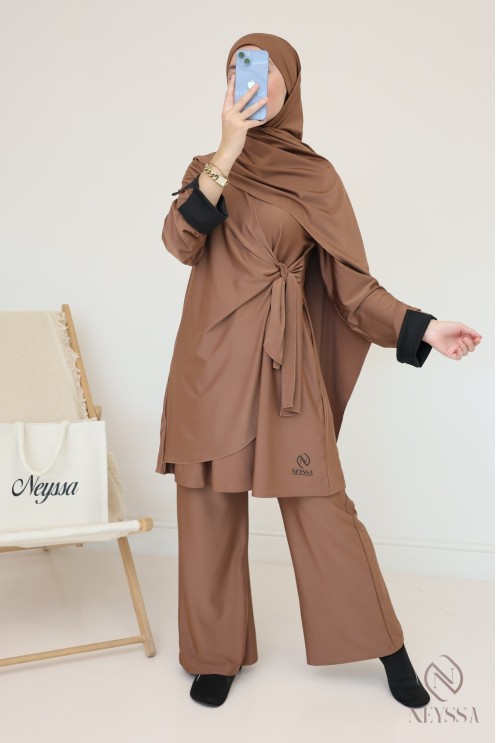 Long burkini with tie-up tunic for veiled women, cuffed sleeves