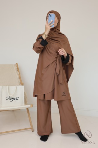Long burkini with tie-up tunic for veiled women, cuffed sleeves 2
