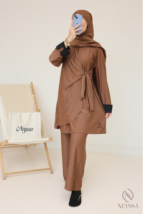Long burkini with tie-up tunic for veiled women, cuffed sleeves