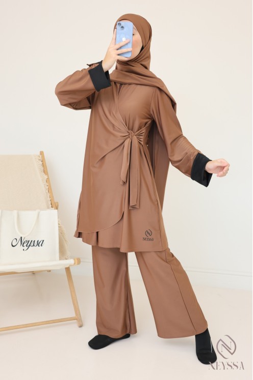 Long burkini with tie-up tunic for veiled women, cuffed sleeves