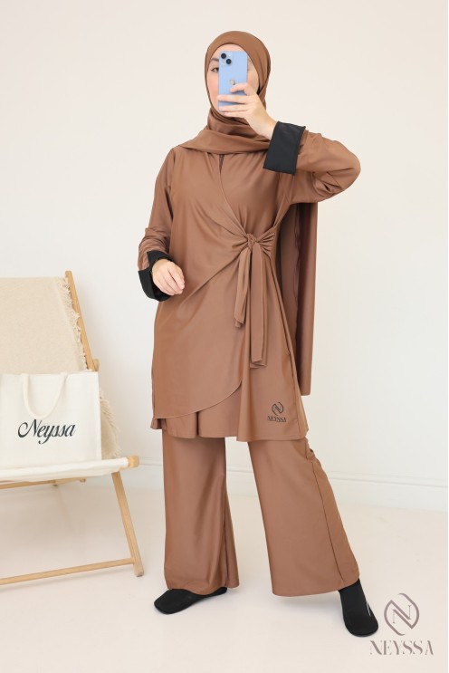 Long burkini with tie-up tunic for veiled women, cuffed sleeves