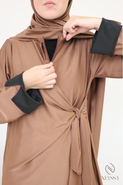 Long burkini with tie-up tunic for veiled women, cuffed sleeves