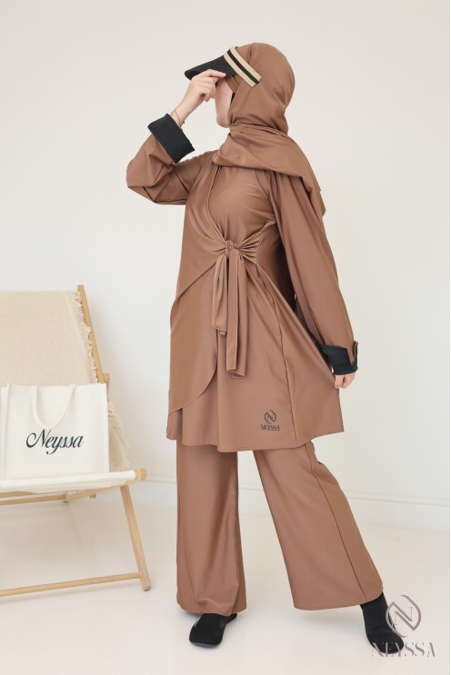 Burkini long avec tunique à nouer femme voilée, manches revers