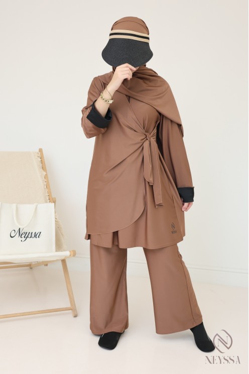 Burkini long avec tunique à nouer femme voilée, manches revers