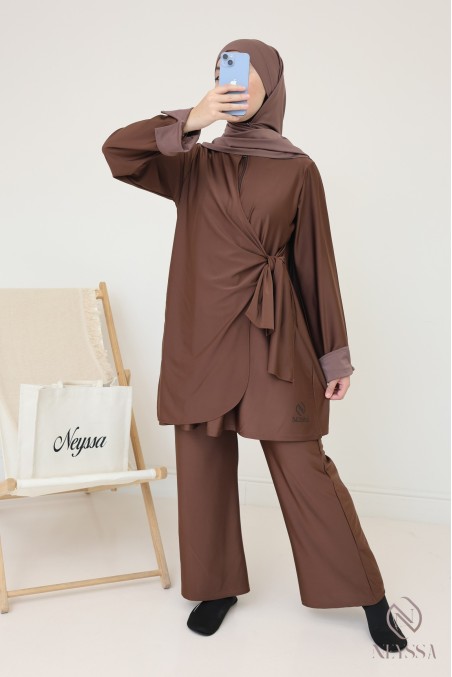 Burkini 3 pièces long avec tunique à nouer pour femme voilée tendance