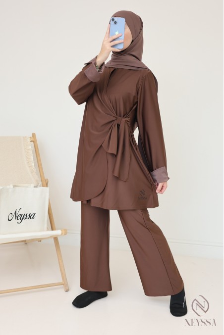 Burkini 3 pièces long avec tunique à nouer pour femme voilée tendance