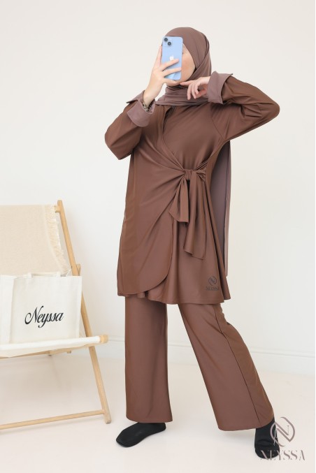 Burkini 3 pièces long avec tunique à nouer pour femme voilée tendance