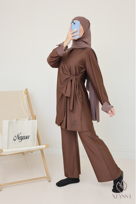 Burkini 3 pièces long avec tunique à nouer pour femme voilée tendance