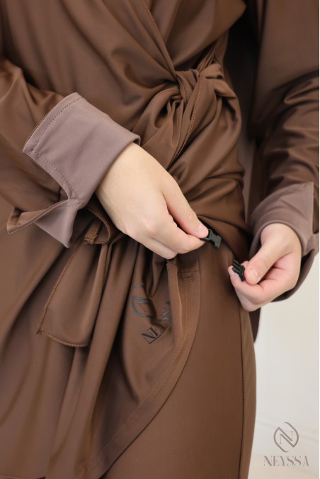 Burkini 3 pièces long avec tunique à nouer pour femme voilée tendance