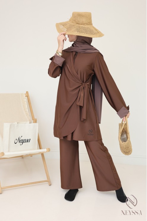 Burkini 3 pièces long avec tunique à nouer pour femme voilée tendance