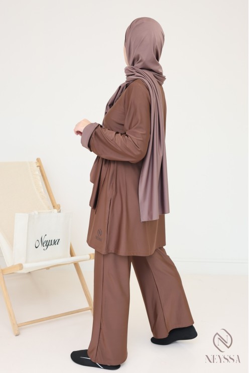 Burkini 3 pièces long avec tunique à nouer pour femme voilée tendance