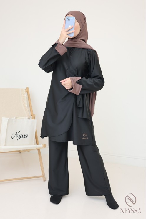 Burkini Noir avec hijab à nouer pepeer corn femme voilée