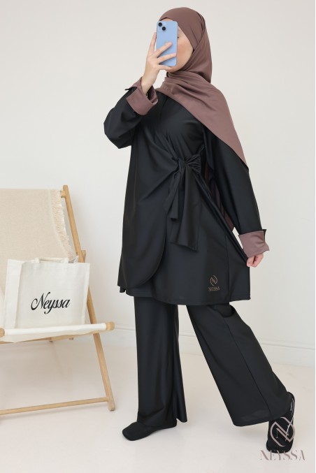 Black burkini with tie-dye hijab pepper corn veiled woman