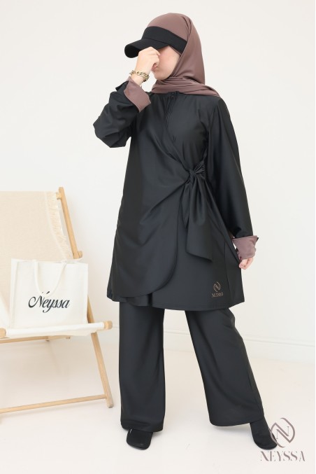 Burkini Schwarz mit Hijab zum Binden Pepper Corn verschleierte Frau