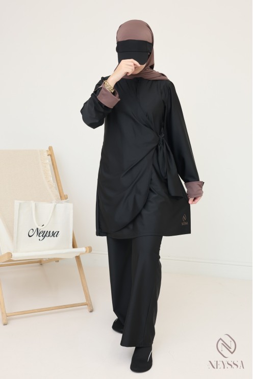 Burkini Noir avec hijab à nouer pepeer corn femme voilée