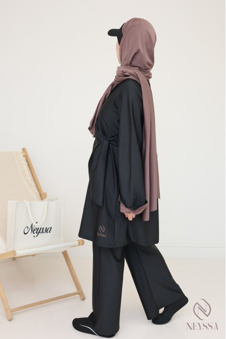 Black burkini with tie-dye hijab pepper corn veiled woman