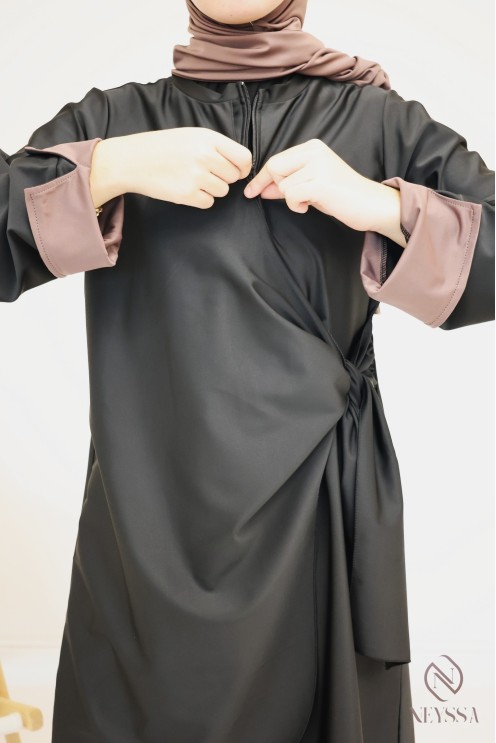 Burkini Noir avec hijab à nouer pepeer corn femme voilée