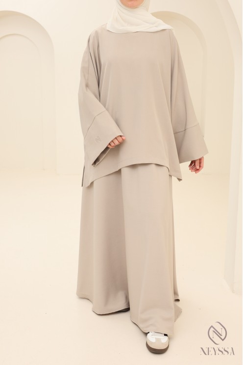 Ensemble 2 pièces tunique + jupe longue greige femme pudique