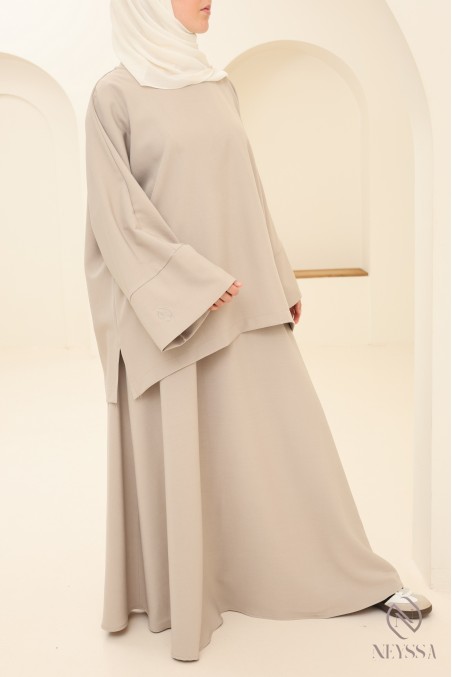Ensemble 2 pièces tunique + jupe longue greige femme pudique