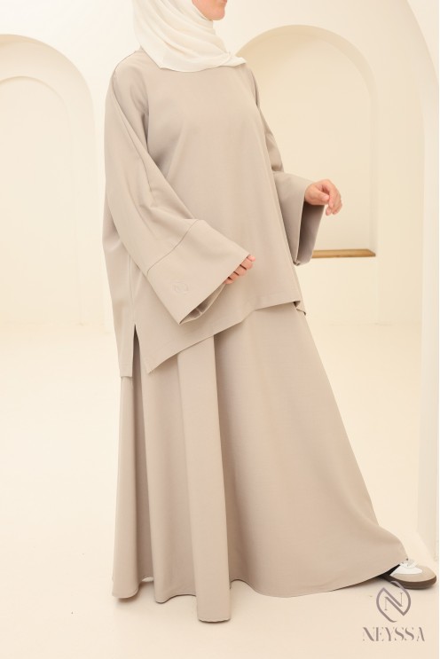 Ensemble 2 pièces tunique + jupe longue greige femme pudique