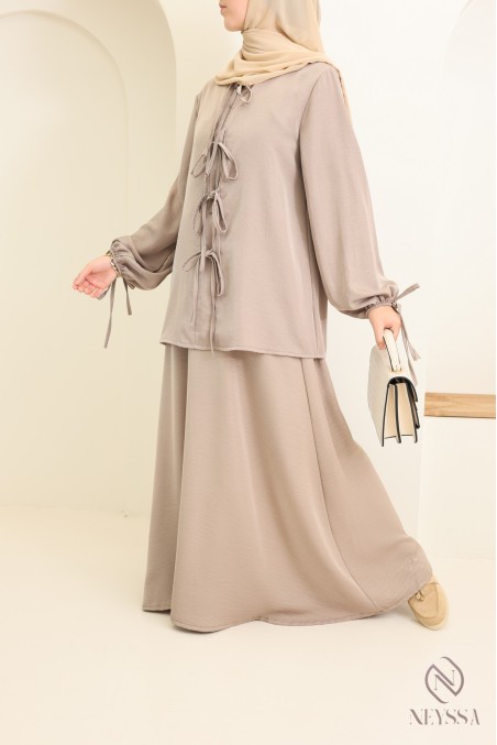 Ensemble tunique longue + jupe pour femme hijabi moderne tissu satinée