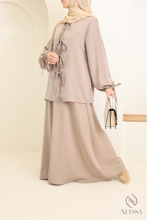 Long tunic + skirt set for modern hijabi women, satin fabric