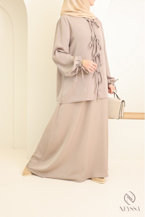 Ensemble tunique longue + jupe pour femme hijabi moderne tissu satinée